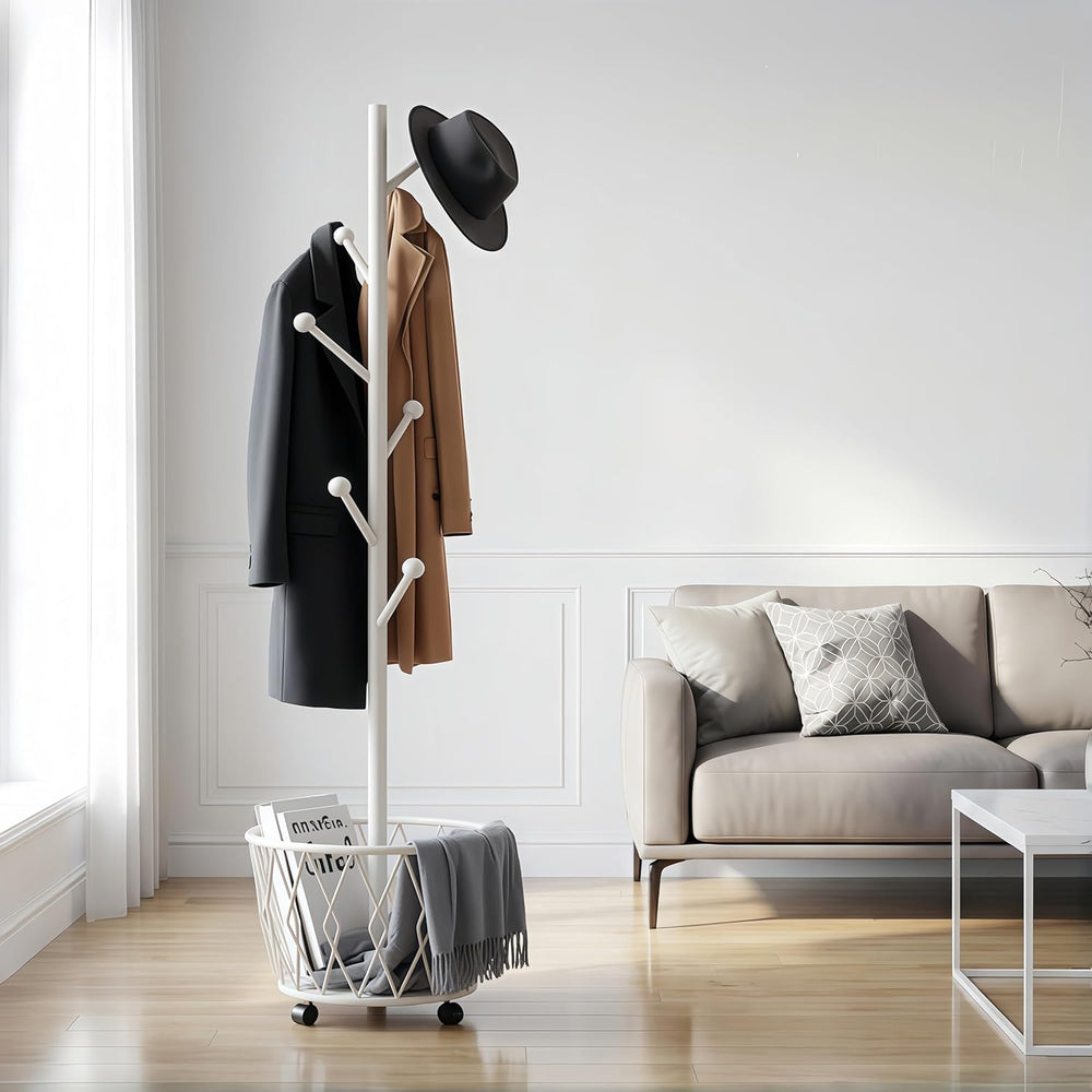 Off-White Moveable Tree Metal Coat Rack with Basket Freestanding 65"