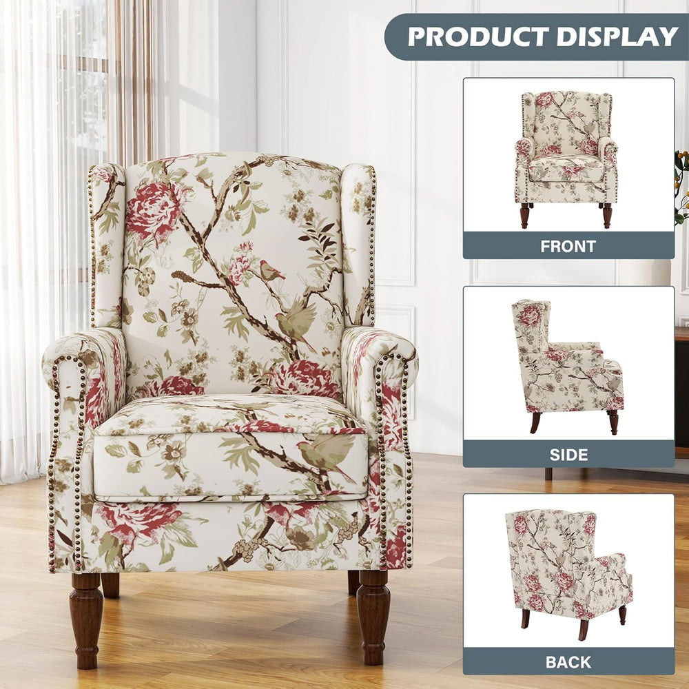 Floral High Back Accent Chairs Set of 2, Wingback Armchair in Fabric