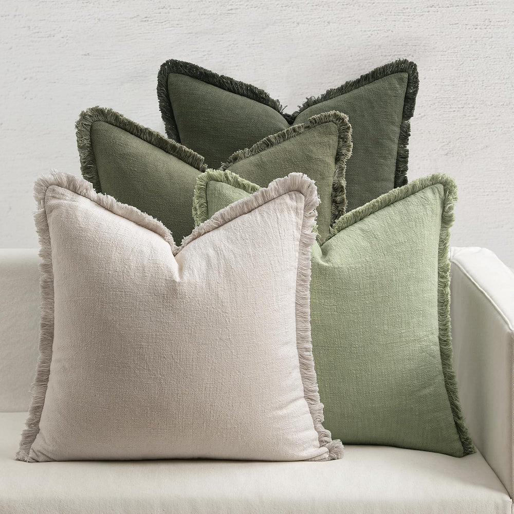 MIULEE Fall Linen Fringe Pillow Covers Set of 4 18x18 Beige/Sage Green