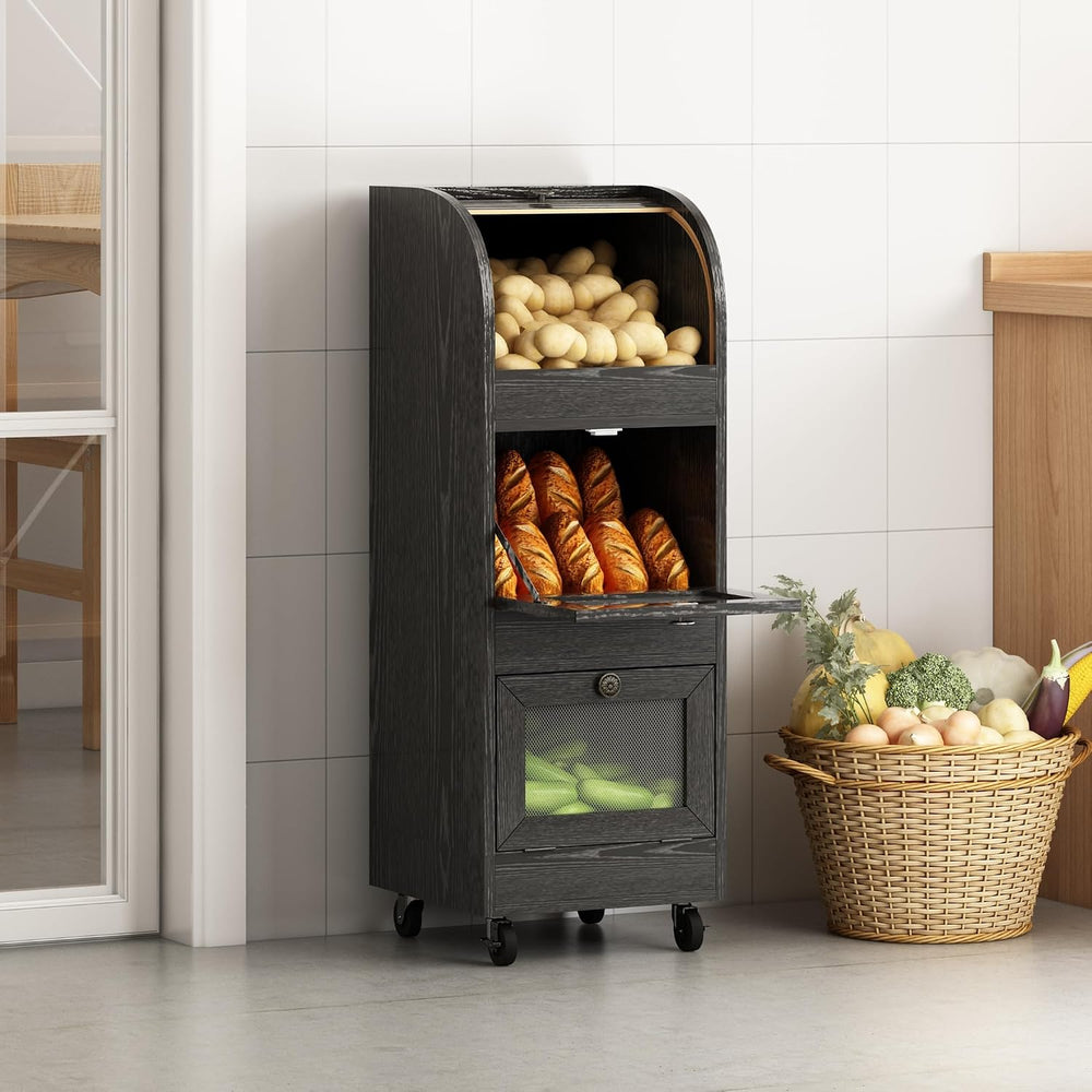 Potato & Onion Storage Bin with Wheels & Mesh Doors,3-Tier Bread Box,...