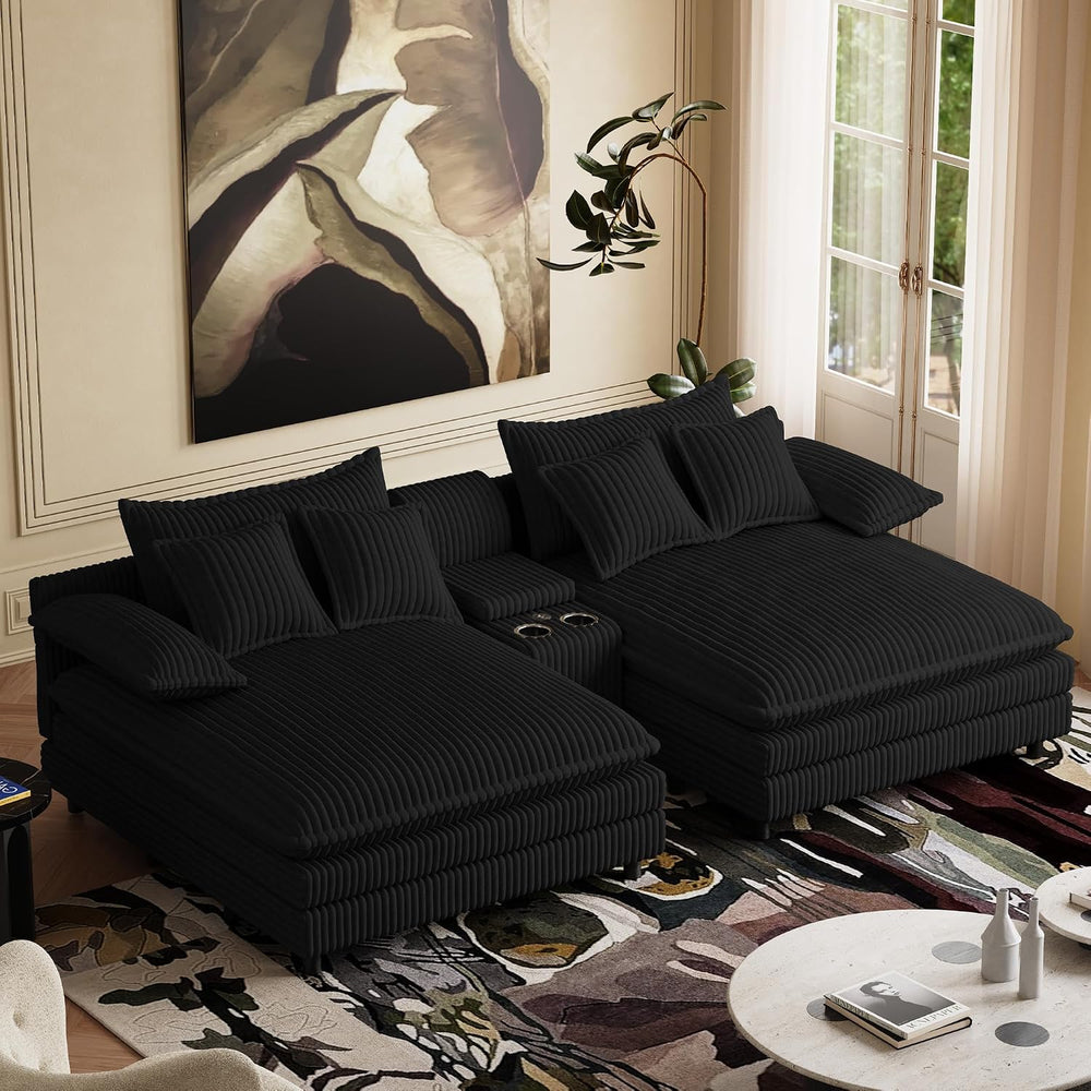 114" Oversized Double Chaise Lounge, Corduroy Sofa Bed with Storage, Black