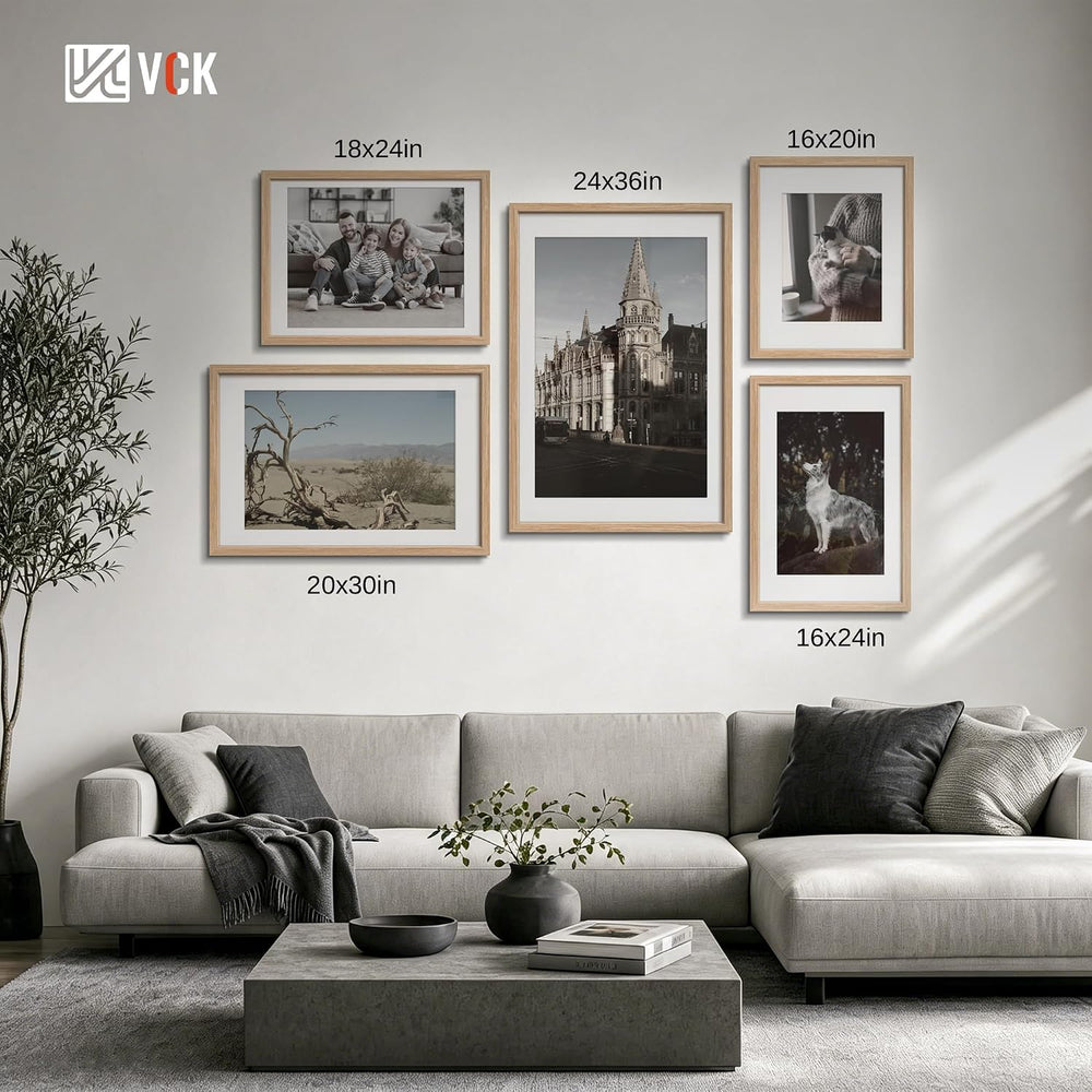 VCK 16x24 Frame 3 Pack, Oak Wood, 12x18 Mat, for Picture Print
