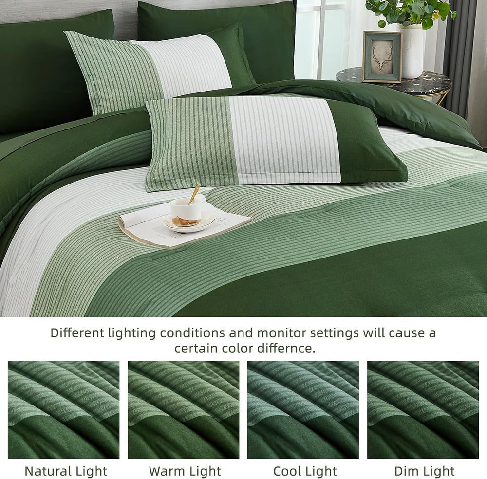 Queen Comforter Set Olive Green, 7 Pieces Boho Striped Bed in a Bag