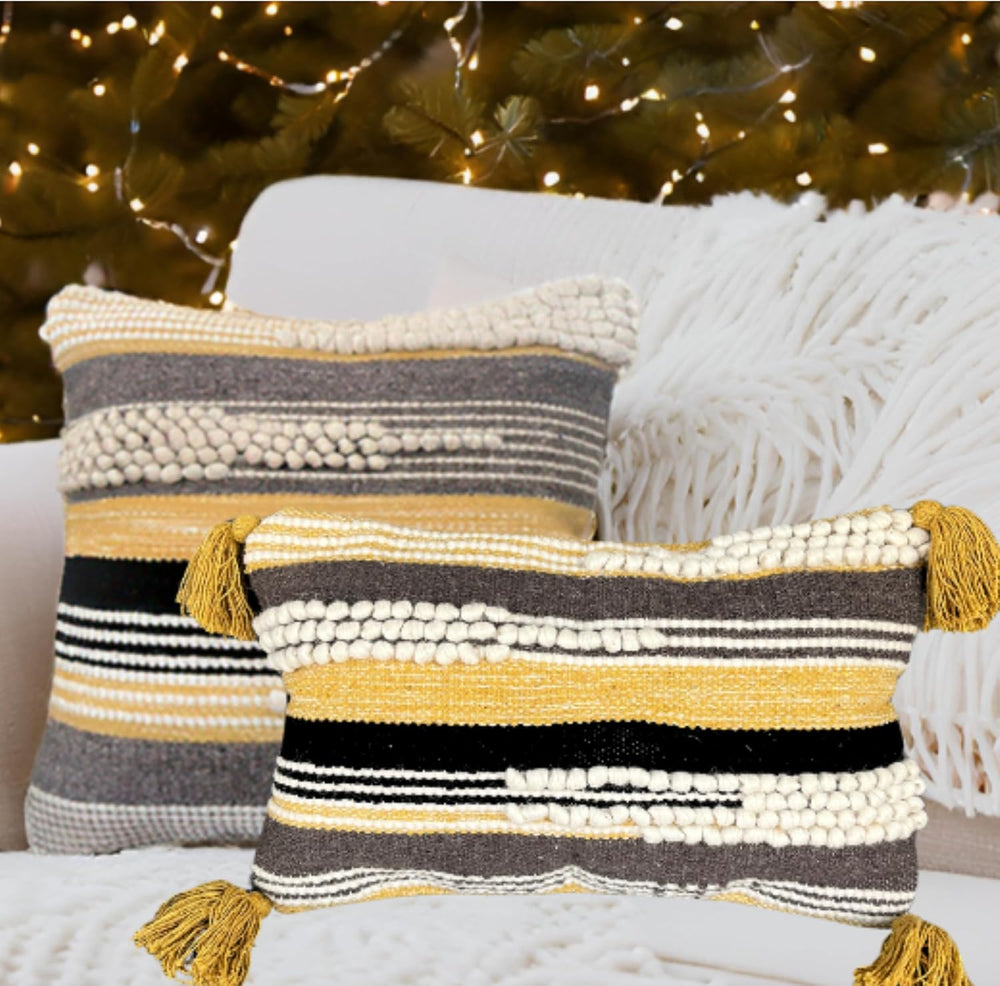 Boho Pillow Cover 18x18 Textured Throw Pillow Cover Black/Yellow Handwoven Tu...
