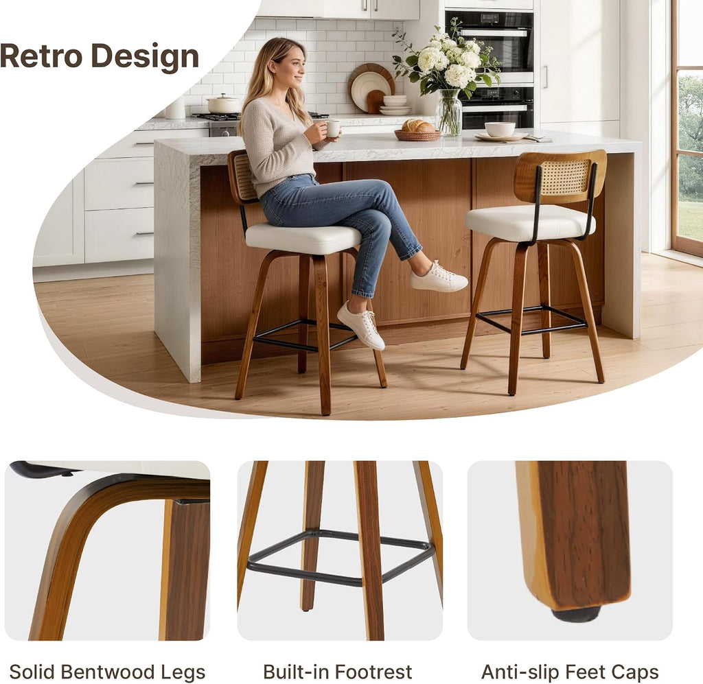 Swivel Bar Stools Set of 2, 26" Counter Height with Rattan Back, Ivory