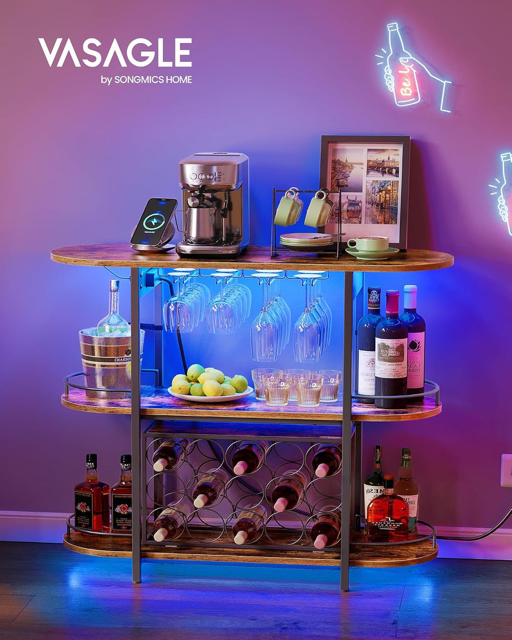 VASAGLE Bar Cabinet with LED Lights and Power Outlets, Wine Rack Coffee Bar
