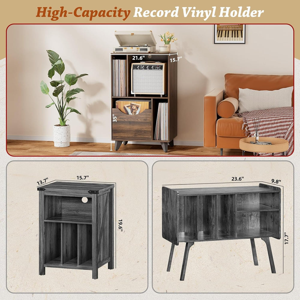 Bikoney Record Player Stand with Vinyl Storage, Mid Century Walnut
