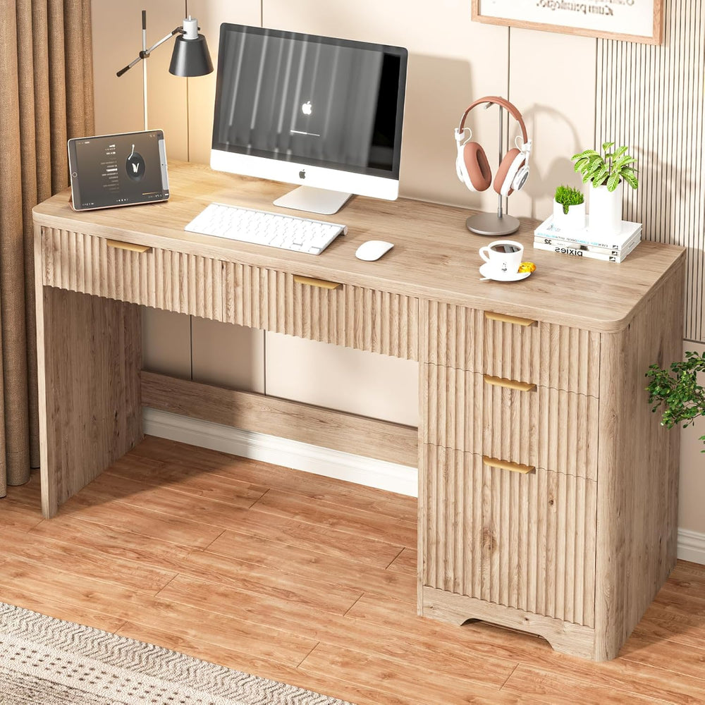 Vabches 59" Fluted Executive Desk with Adjustable File Drawer, Oak