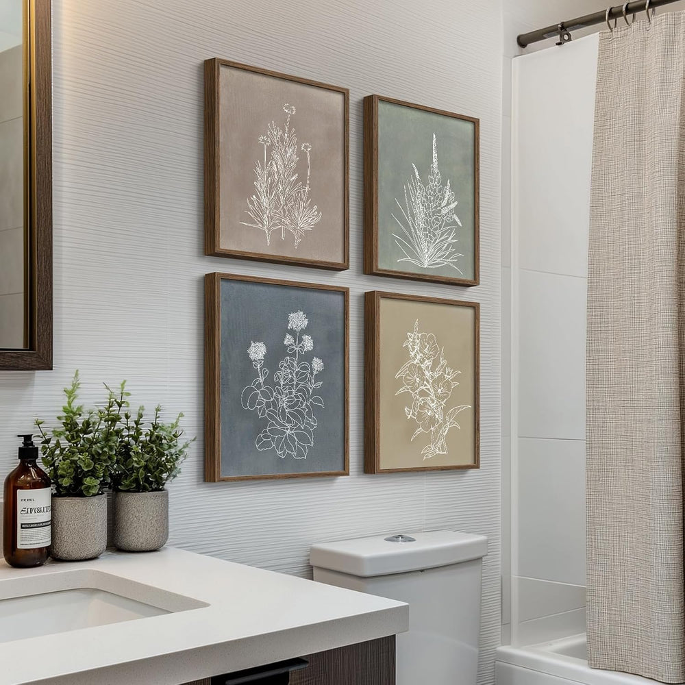 Framed Boho Neutral Botanical Floral Wall Art for Bathroom, 4 Piece 8x10 In