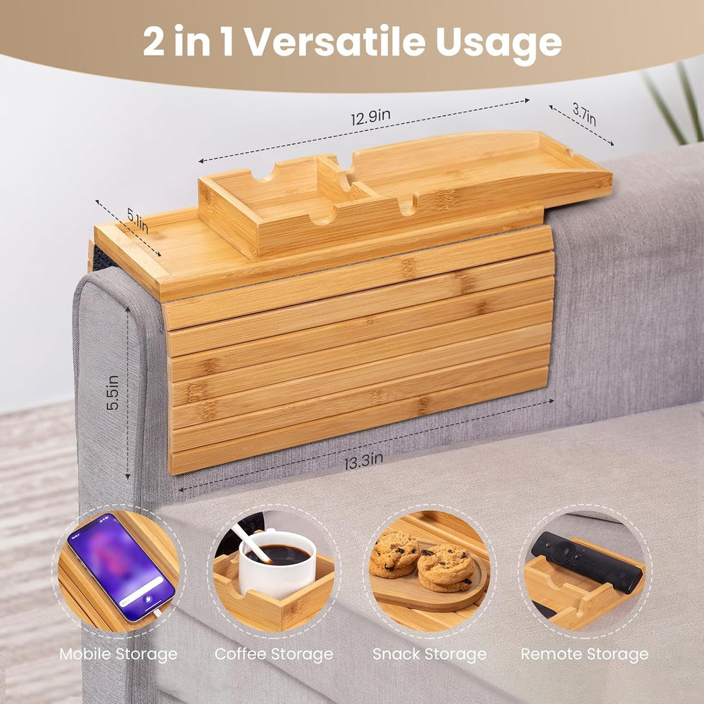 Bamboo Couch Arm Tray Table | 2-in-1 Detachable Sofa Tray with Slidable Cup H...