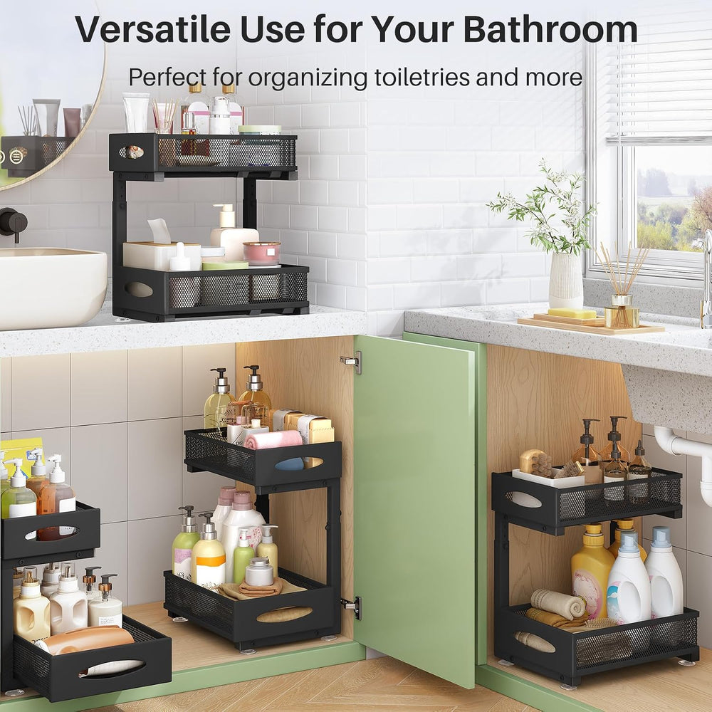 Under Sink Organizer, 2 Tier Pull out Cabinet Organizer Baskets with Mesh Sli...