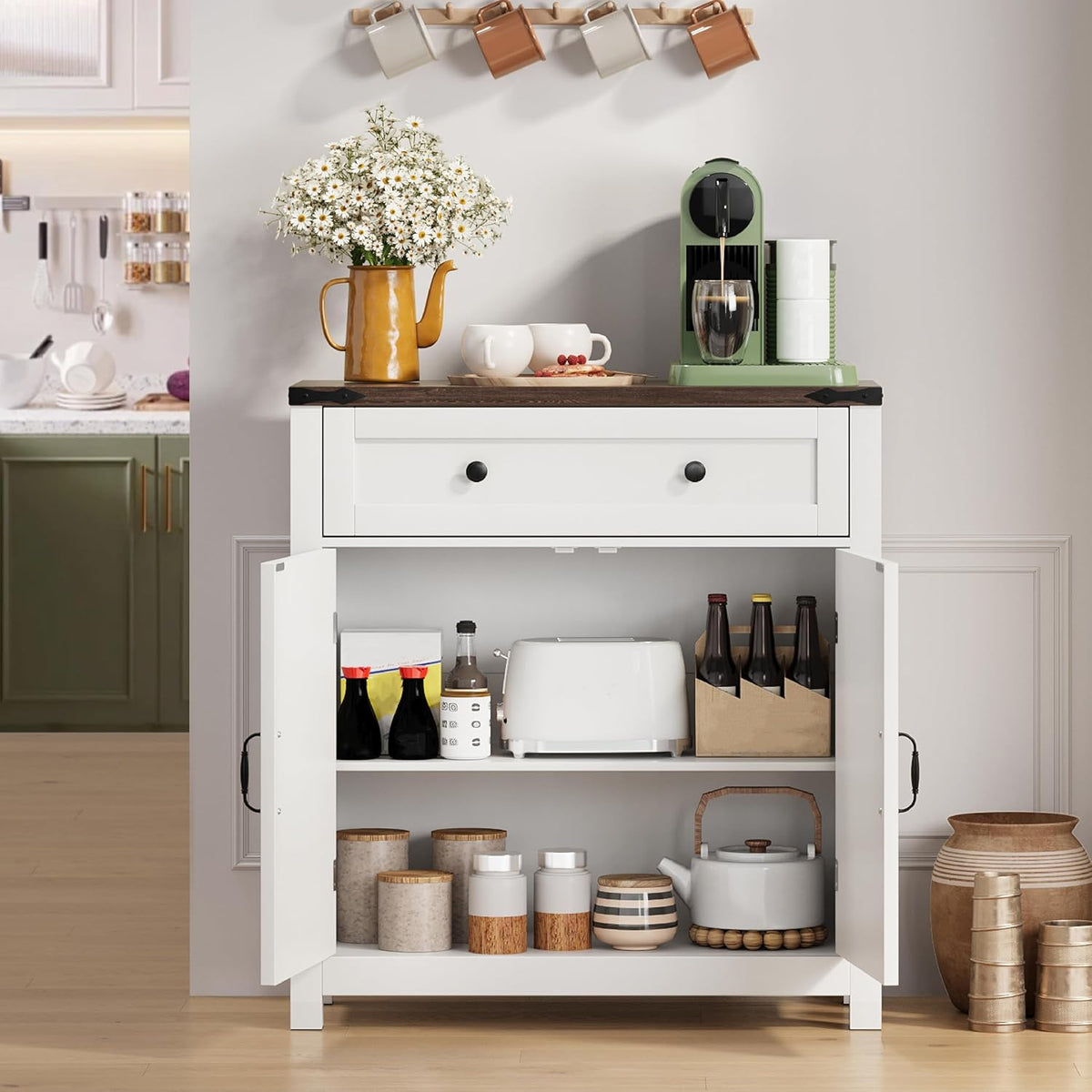 Semiocthome Farmhouse Sideboard Buffet Cabinet with Storage and Adjustable Shelf, Accent Table with Barn Door, Storage Cabinet for Kitchen, Dining Room, Bathroom, Entryway - White