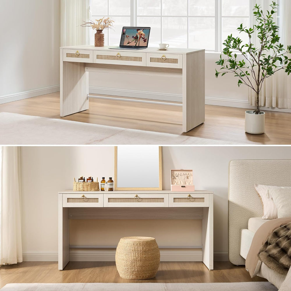 SICOTAS 60" Rattan Home Office Desk with 3 Drawers, White