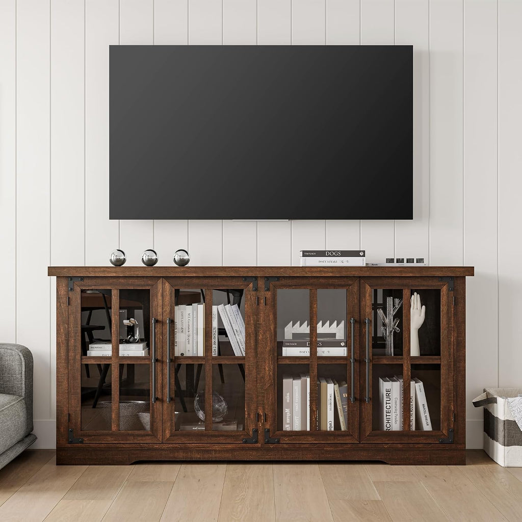 AMERLIFE Farmhouse 63" Buffet Sideboard Cabinet with Glass Door, Brown