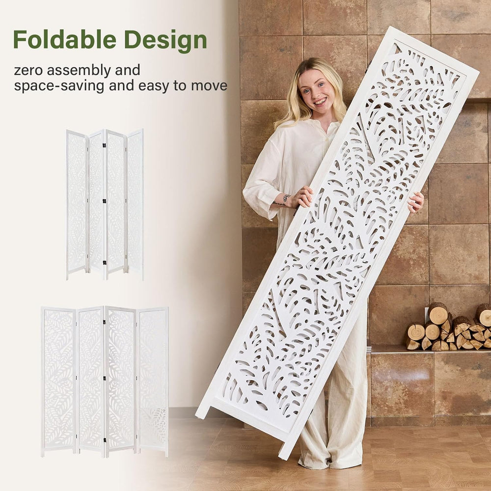 Leaf-Carved Room Divider Privacy Screen - 67 Inch Tall Foading Decorative Woo...