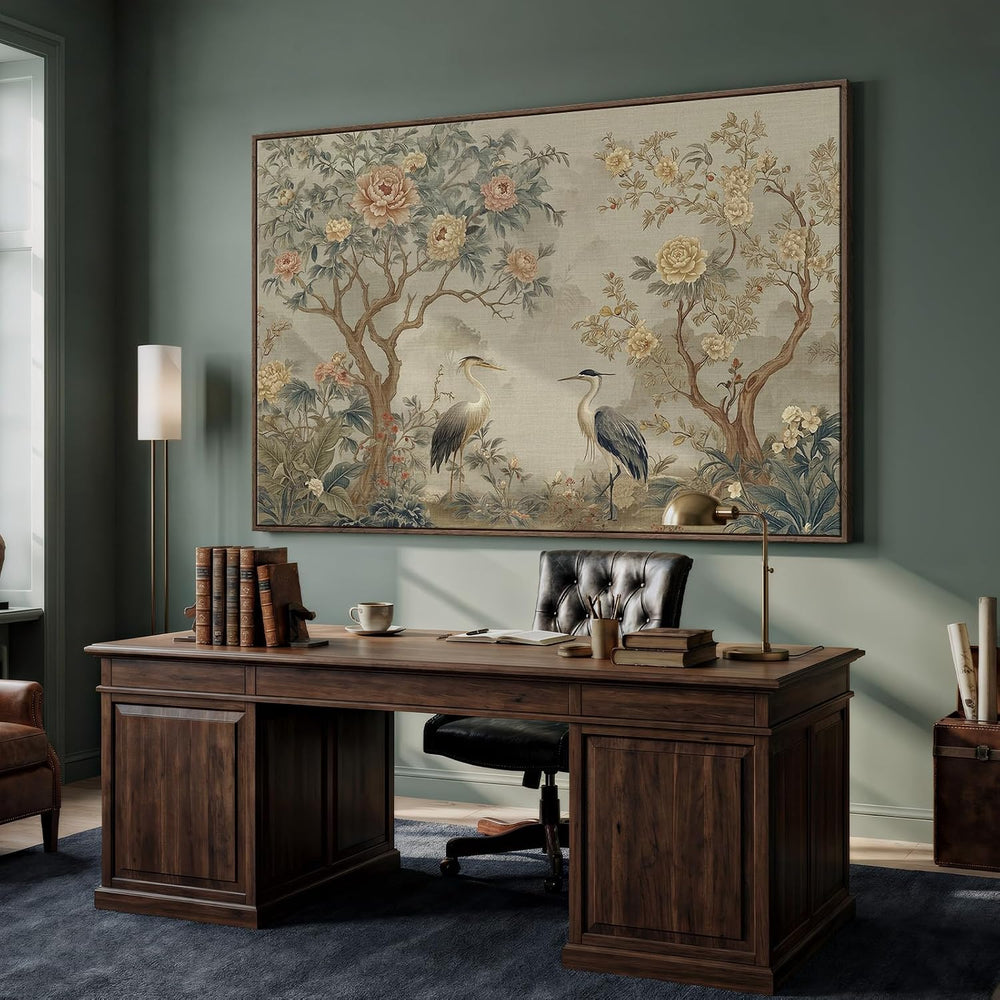 Extra Large Framed Neutral Chinoiserie Wall Art for Living Room, 72x48 Inch