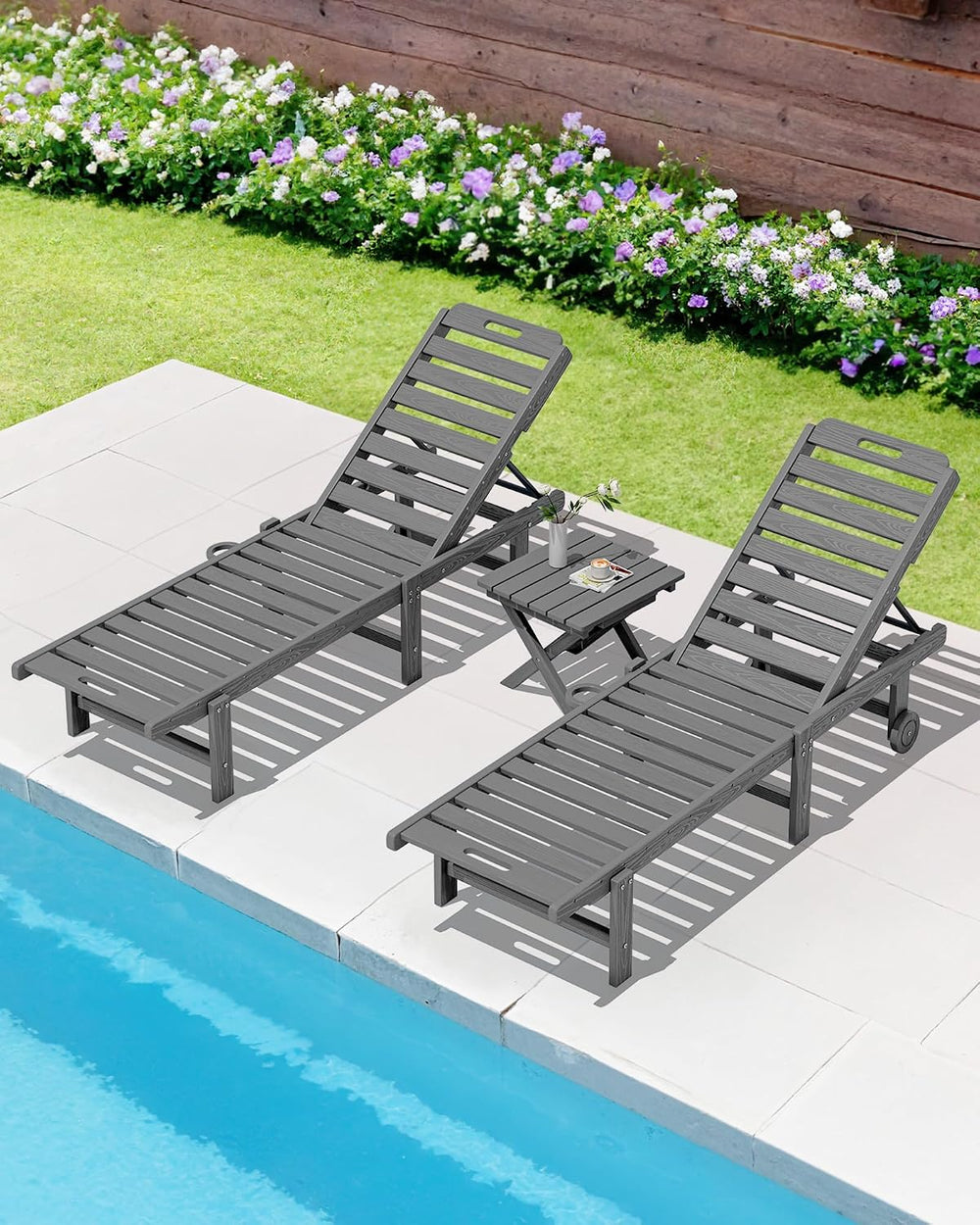 SERWALL Small Folding Side Table, HDPE Outdoor End Table, Gray