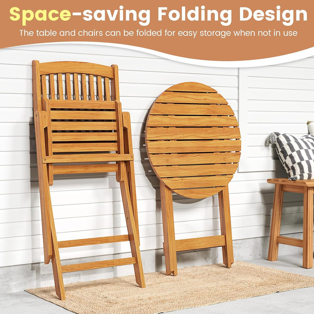 GIANTEX Patio Bistro Set 3 Pieces, Outdoor Acacia Wood Folding Table & Ch...