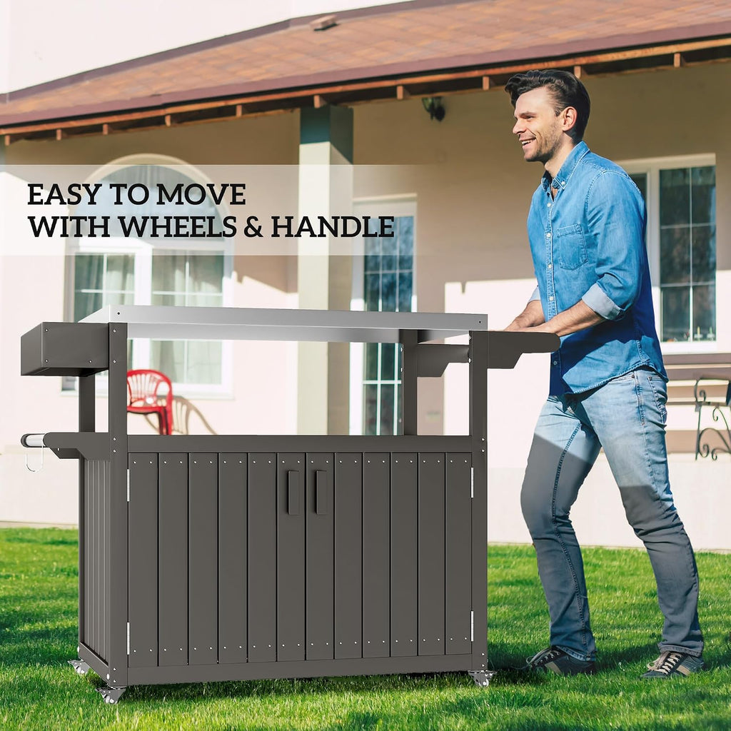 Outsunny Outdoor Bar Cart with Storage Cabinet Kitchen Island Dark Gray
