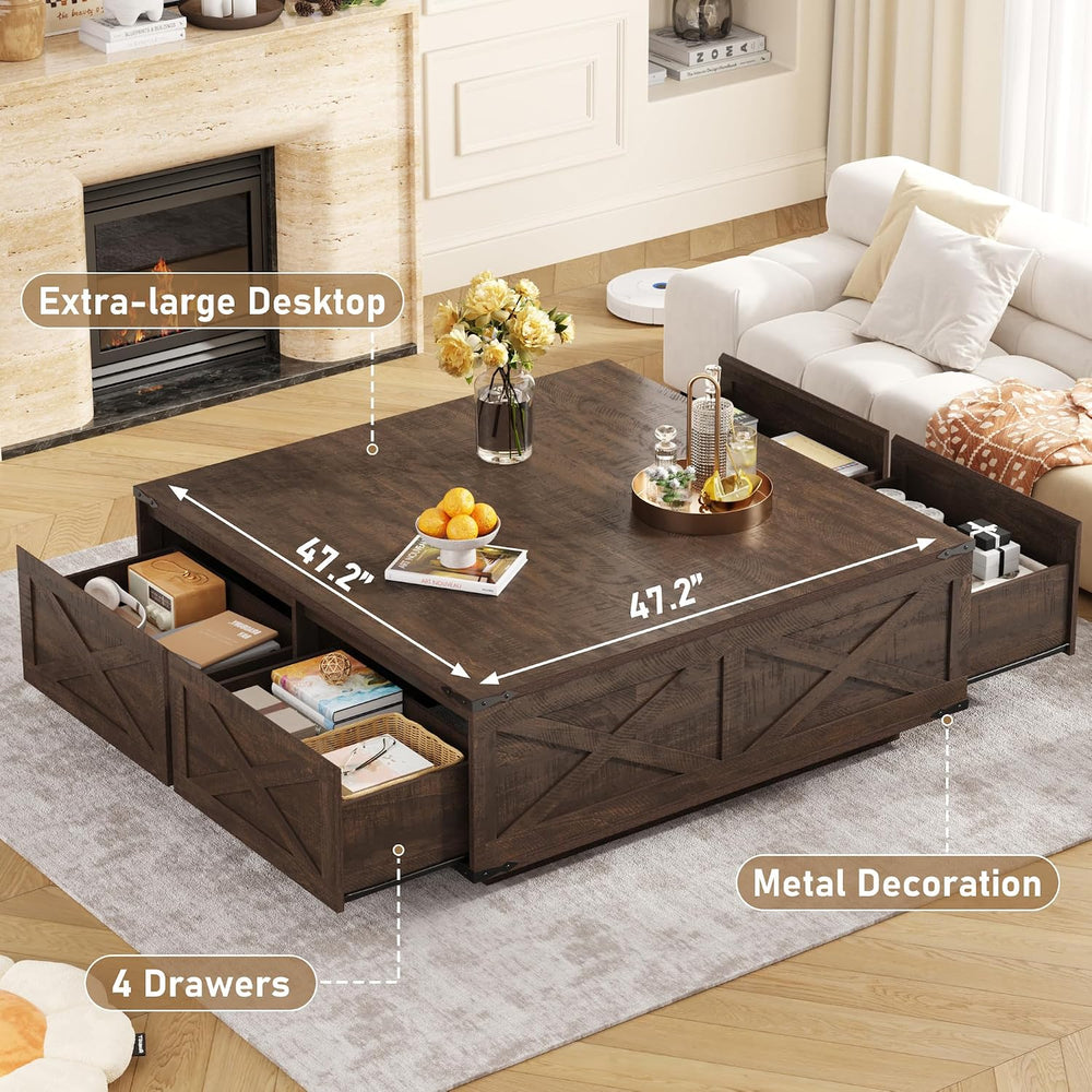 St.Mandyu 47” Farmhouse Square Coffee Table with 4 Drawers Extra Large Coffee...