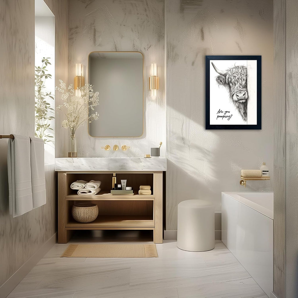 Funny Highland Cow Bathroom Wall Art - Rustic Farmhouse Wall Decor with Humorous Are You Pooping Canvas Print, Cute Animal Canvas Art for Restroom - Black Framed Cow Pictures Wall Decor Ready to Hang 16"x20"