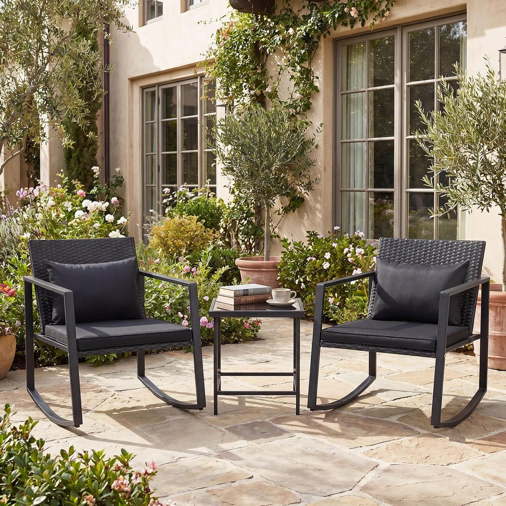 Tangkula 3-Piece Outdoor Rocking Chair Set, Black Cushion
