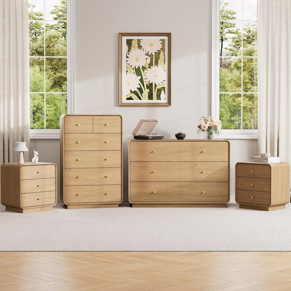 4 Pieces Bedroom Set, 6-Drawer Dresser & 3-Drawer Nightstands Set of 2 wi...