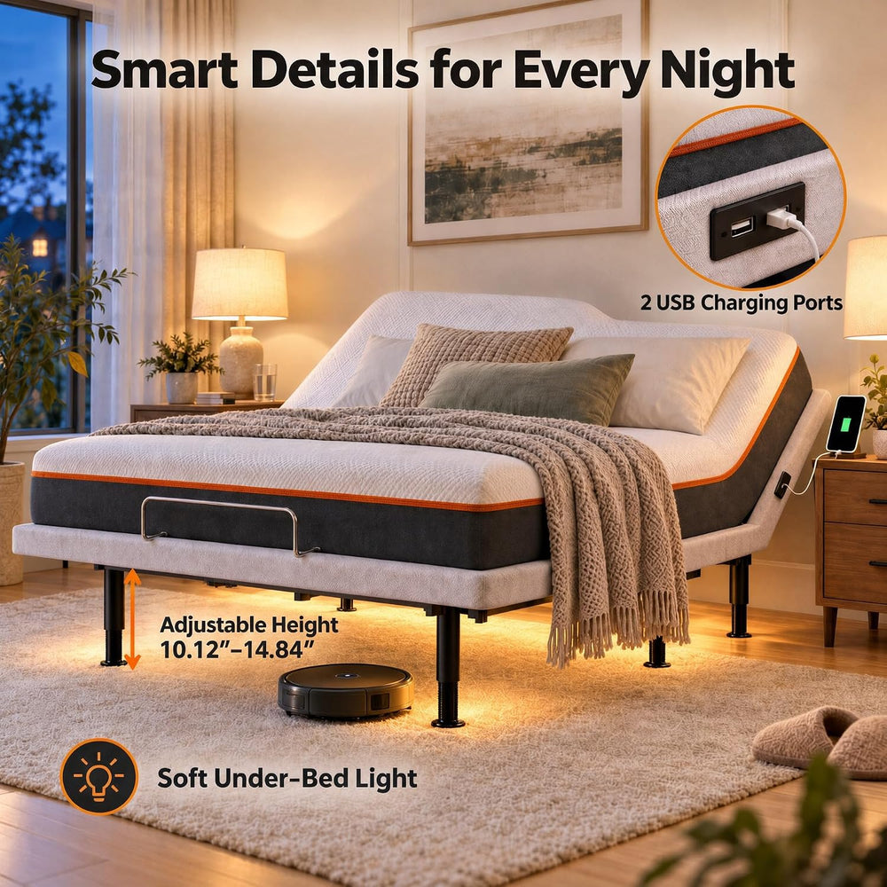 Adjustable Bed Frame King Size with Wireless Remote, Head Foot Incline, USB, ...