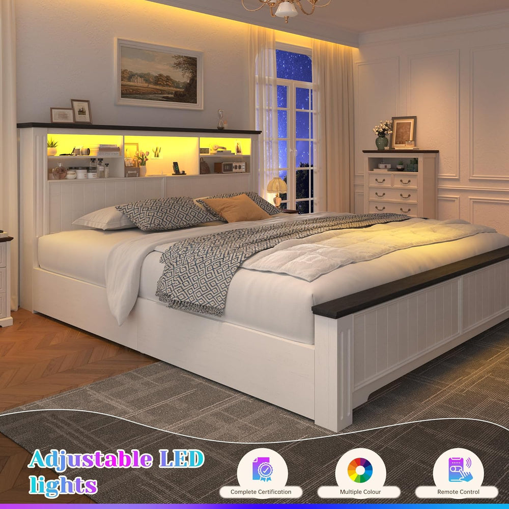 EnHomee King Size Bed Frame and Headboard & 4 Storage Drawers,White