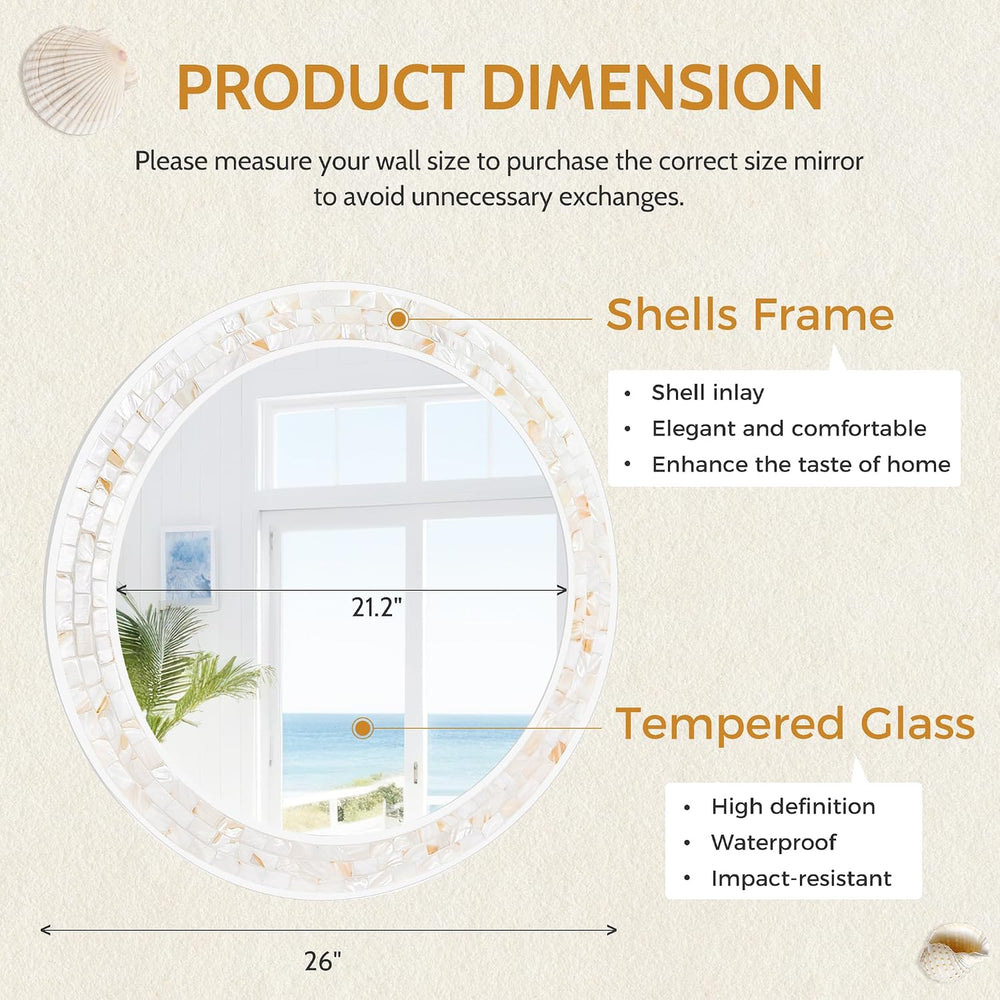 26 Inch Round Wall Mirror with Natural Shell Inlay Mosaic Frame