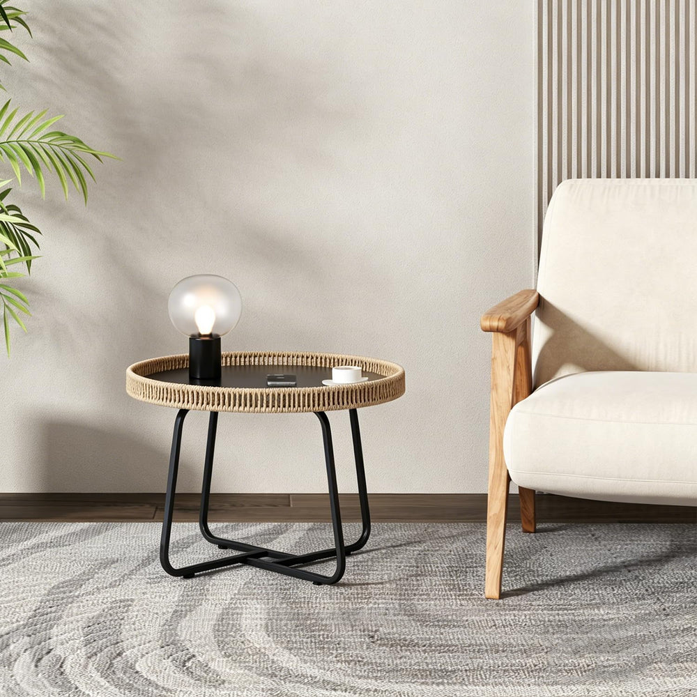 Small Boho Coffee Table Round Rattan, 20 inch Side Table Wicker Metal Legs