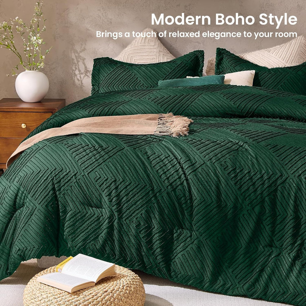 California King Comforter Set, Boho Tufted 3-Piece Bedding Set, Green