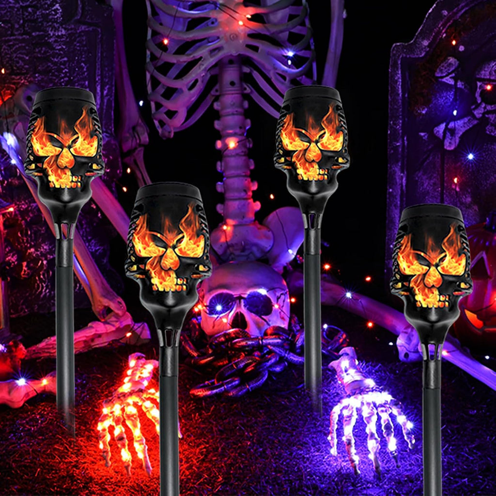 Halloween Solar Skull Stake Lights, Pathway Decor, 8 Pc, Orange