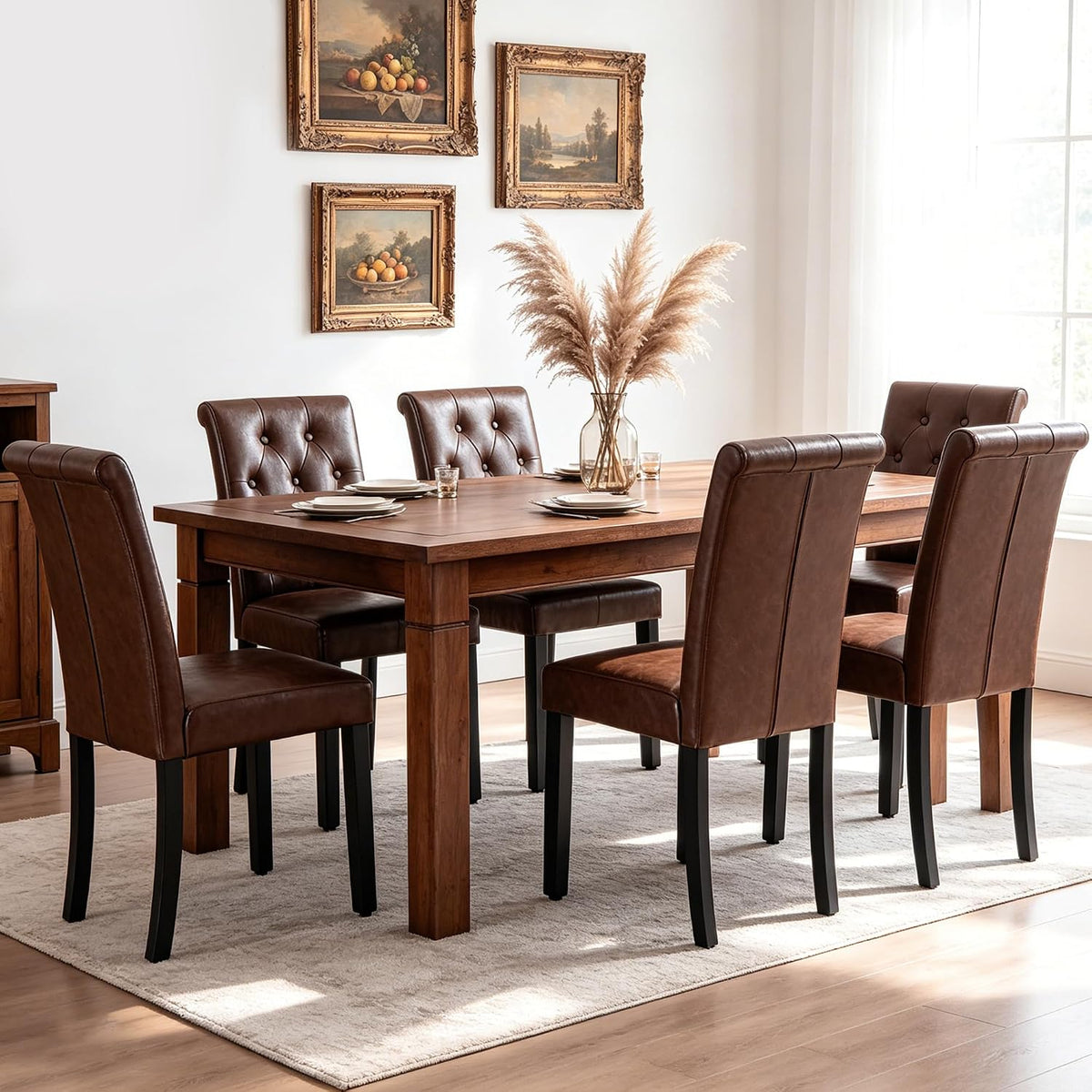 LSSBOUGHT Set of 2 Modern Tufted Dining Chairs, Button Padded Fabric Chairs with Solid Wood Legs, Upholstered Armless Dining Side Chairs for Home Dining Room(Brown,No Table)
