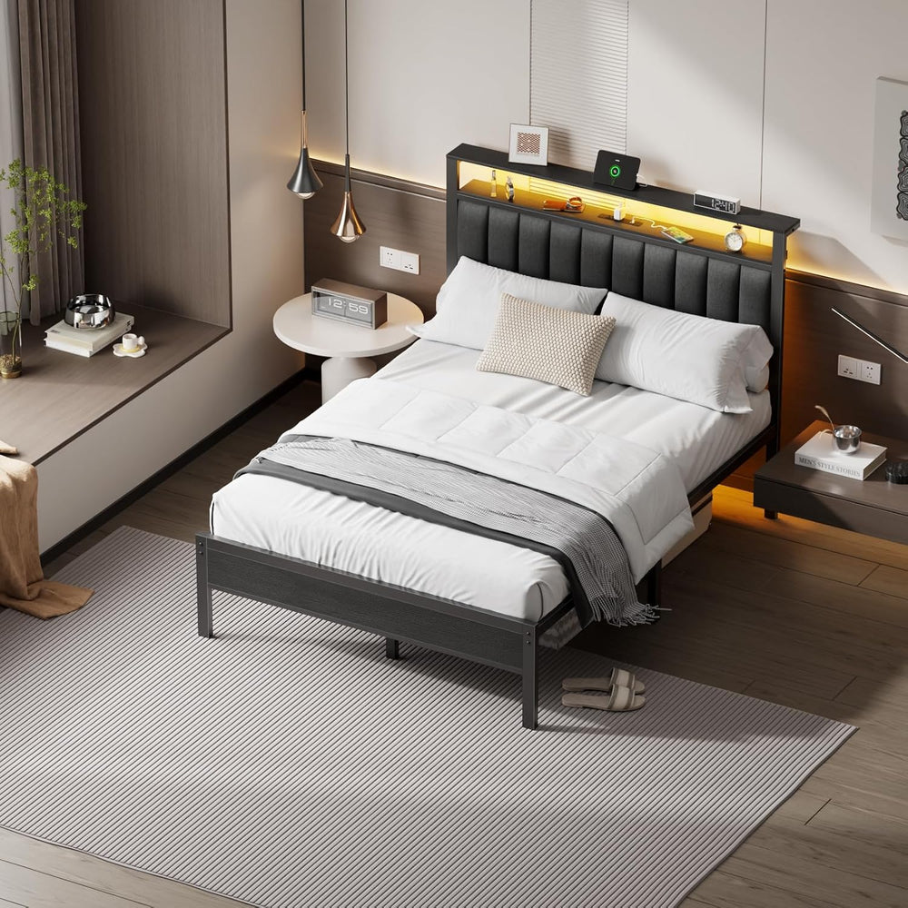 Furnulem Queen Size Bed Frame with Charging Station and LED Lights