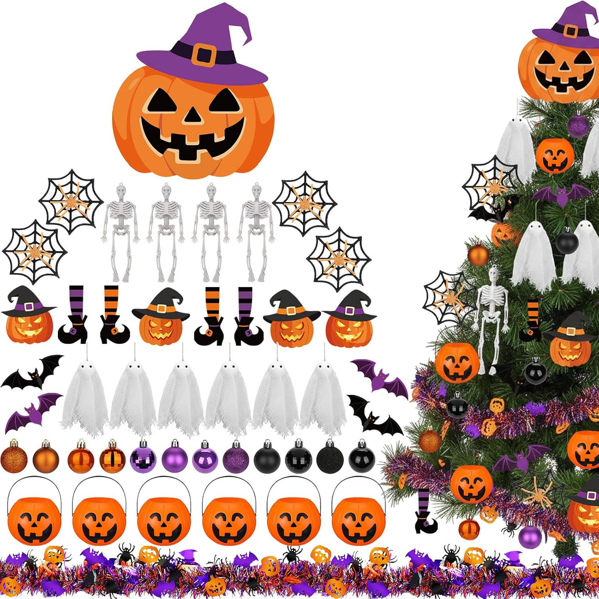 44 Pcs Halloween Tree Ornaments Decorations Witch Hat Pumpkin Tree Topper Pumpkin Bucket Skeleton Skull Ghost Spider Bat Witch Leg Hanging Ornaments Tinsel Garland for Halloween Party Decor