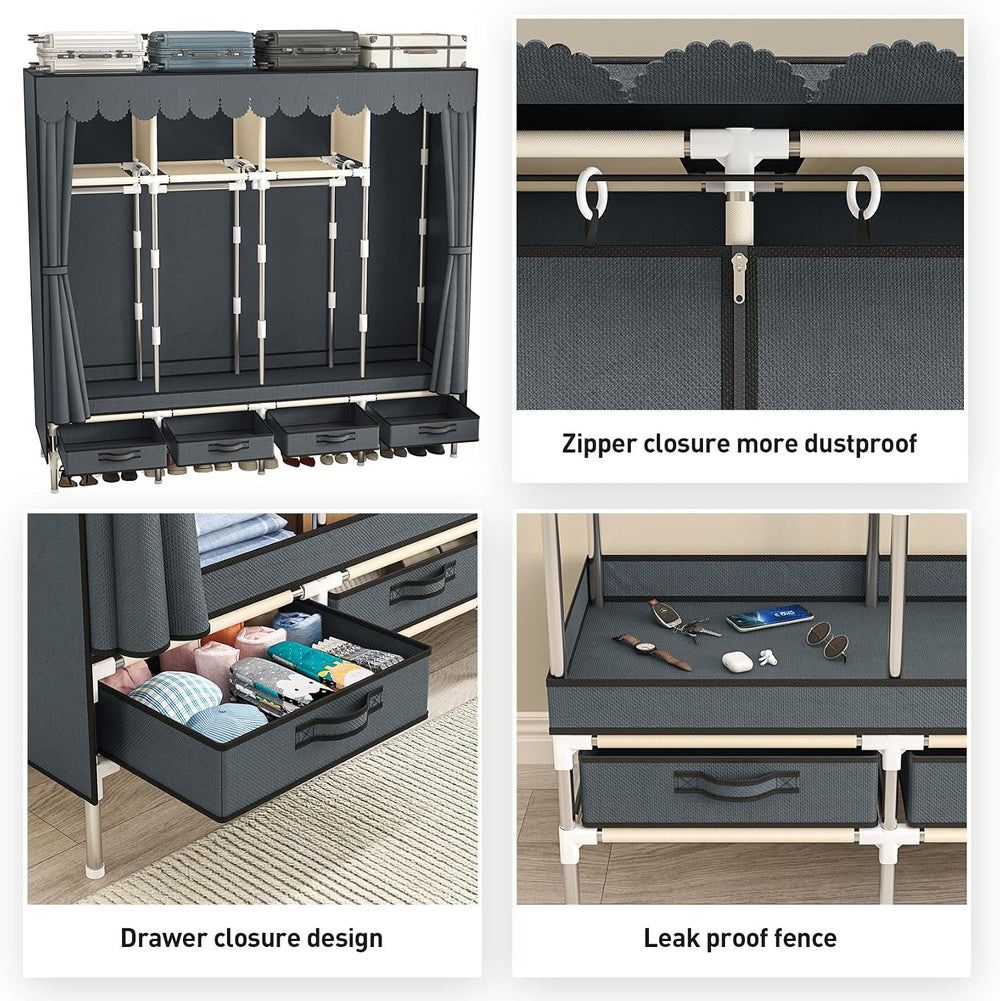 Large Portable Wardrobe with 4 Hanging Rods and Drawers, Armoire, Metal Stora...