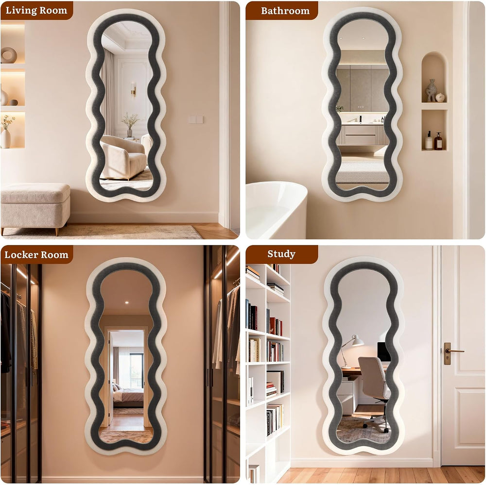 Wavy Full Length Mirror 63"x24", Black and White Velvet Frame
