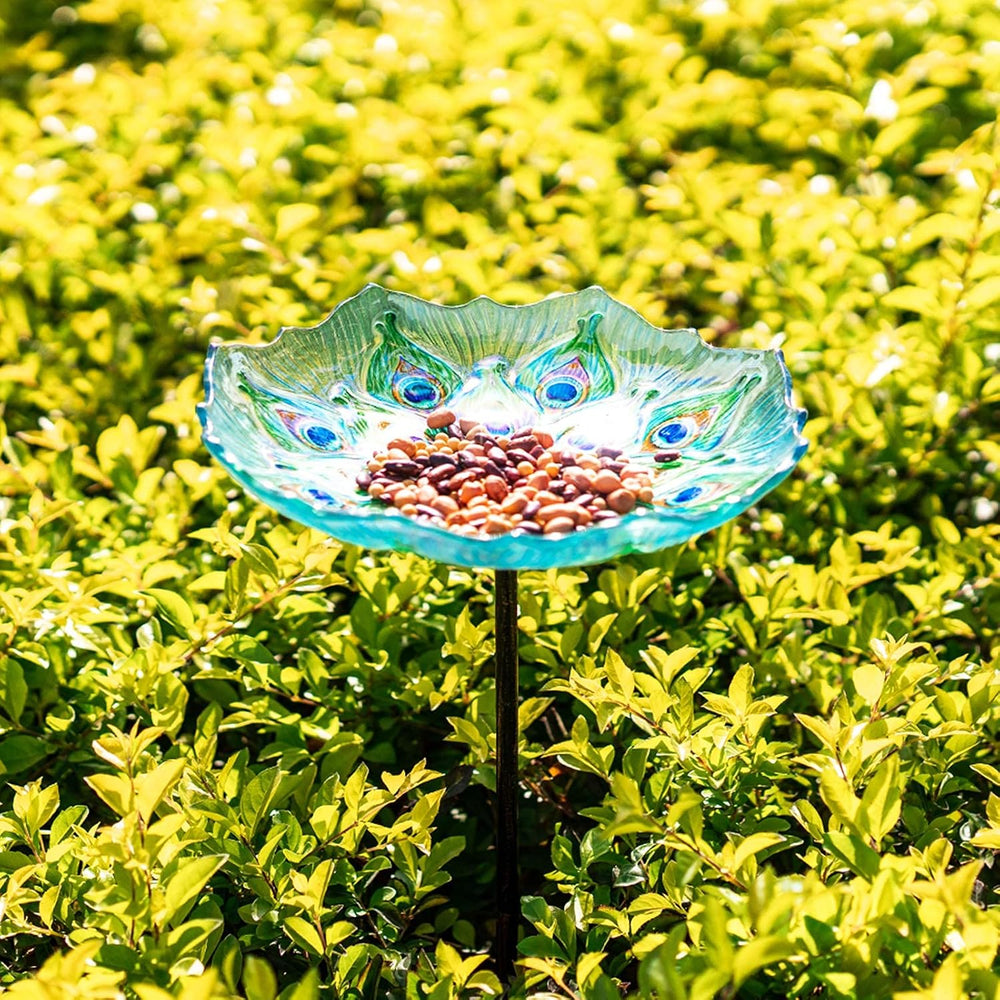 MUMTOP Glass Bird Bath, Garden Outdoor Birdfeeder with Metal Stake, Peacock