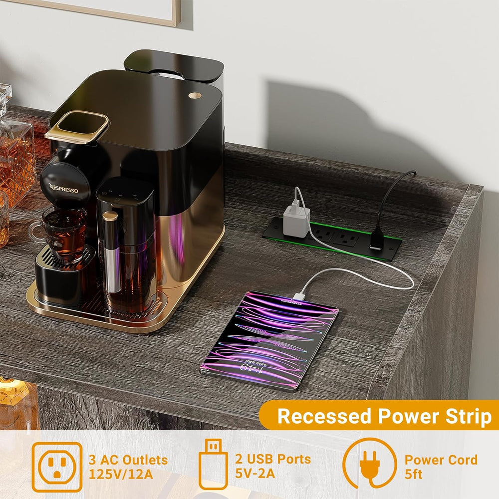 Coffee Bar Cabinet with Power Outlets and LED Light, Black Oak
