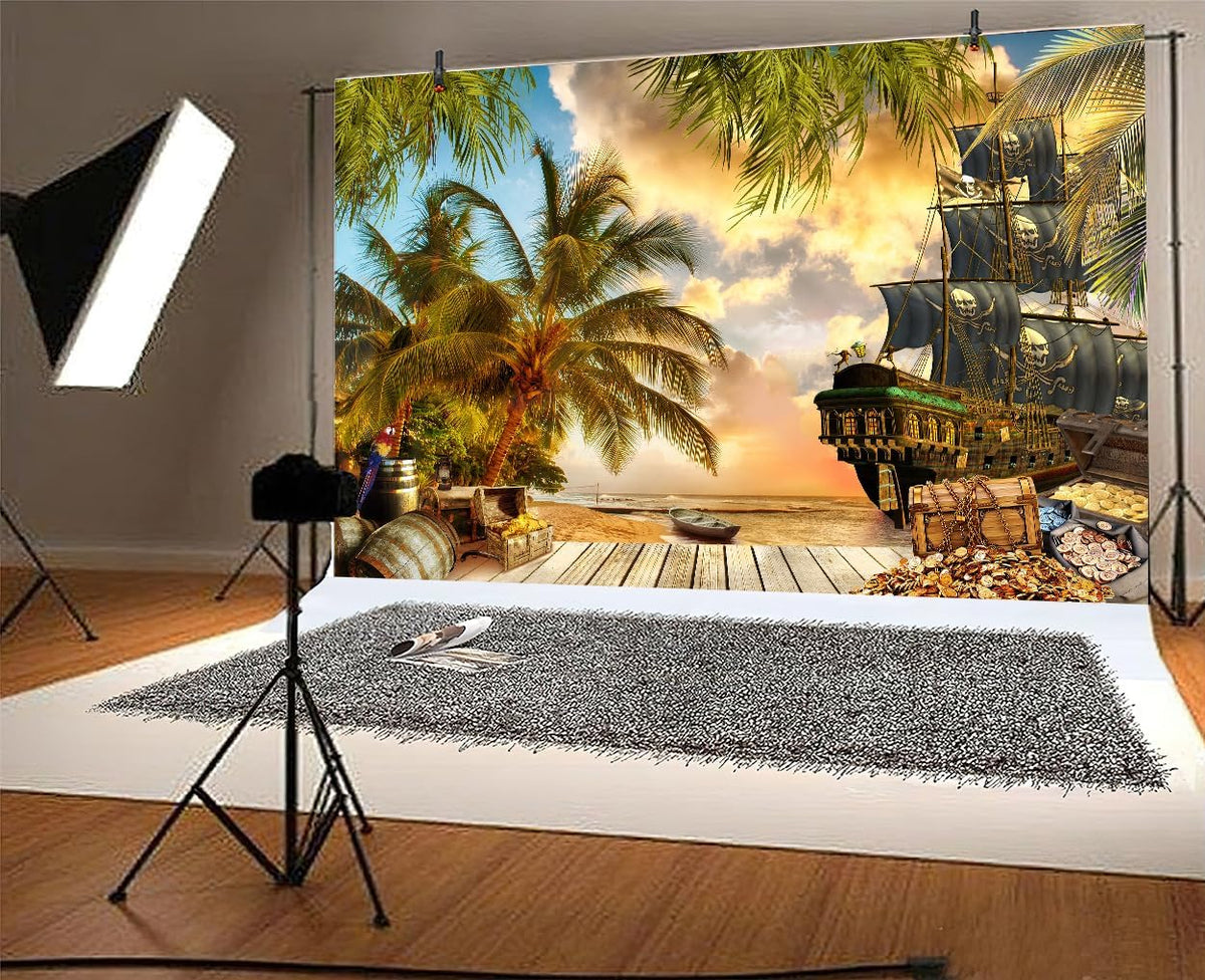 10X8ft Pirate Theme Photo Backdrop Photography Background, Pirate Ship Treasure Chest Map Gun Halloween Trunk or Treat Backdrops Photo Booth Prop Decorations Wall Decor Tablecloth