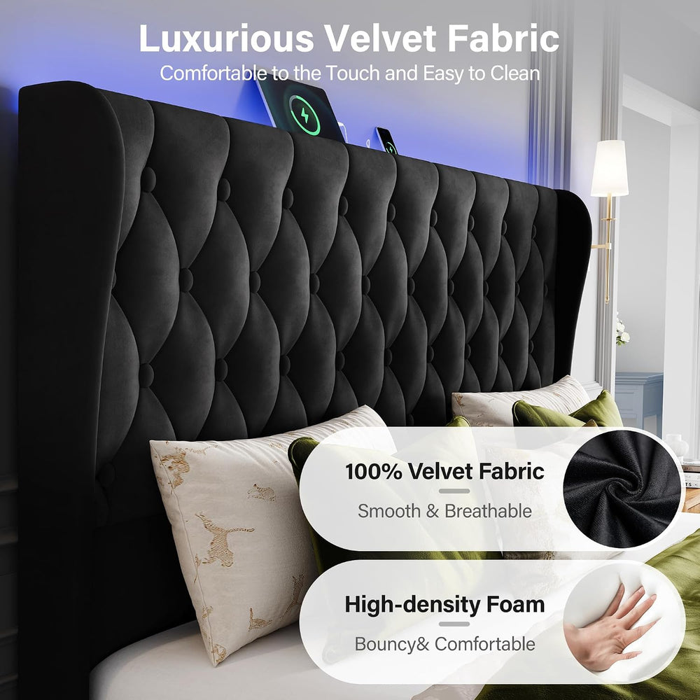 King Size Bed Frame with Headboard, Upholstered Bed Frame, Balck