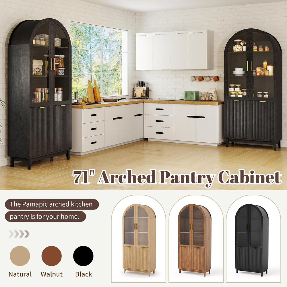 Pamapic 71" Tall Arched Cabinet with Glass Doors, Fluted Kitchen Pantry ...
