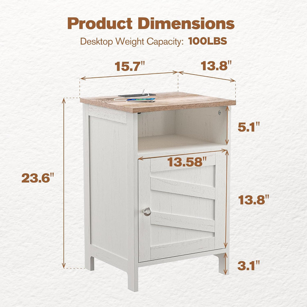 Nightstand with Charging Station, Farmhouse Night Stand Bedside Table with Op...