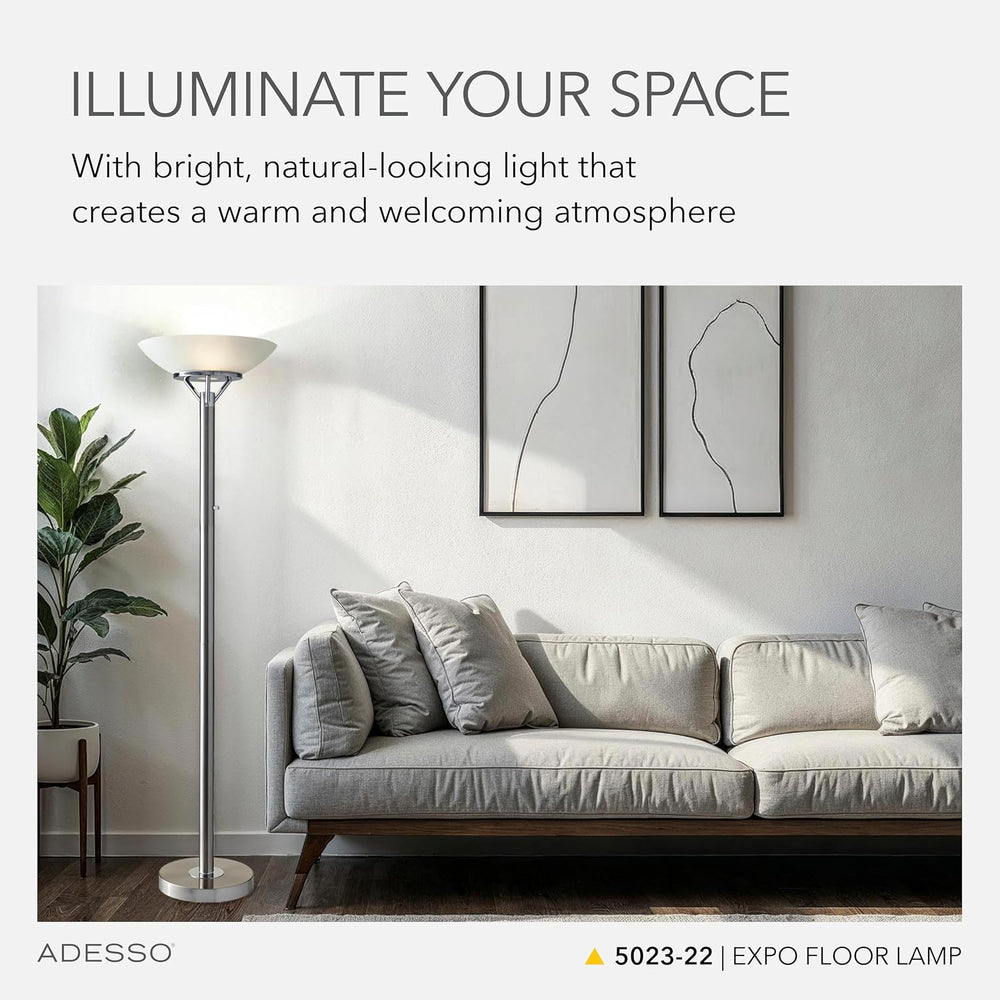 Adesso 2-Light Floor Lamp, Brushed Steel & Chrome, Dimmable, 71.5”