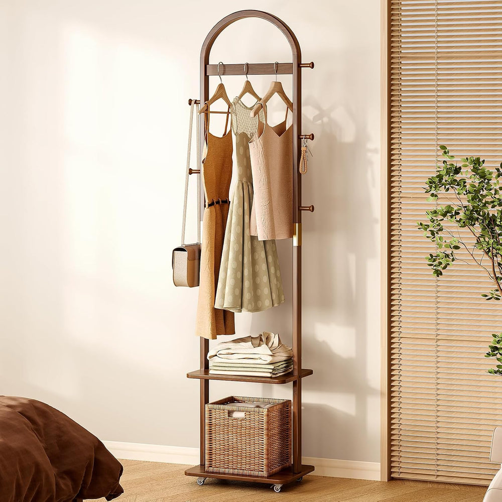 15.9" Narrow 3-in-1 Rolling Clothing Rack,Wooden Coat Rack with Wheels, ...