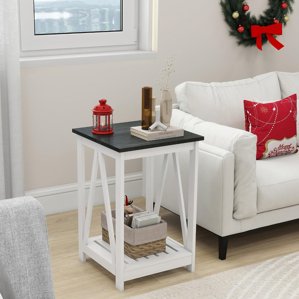 End Table, Farmhouse Square Side Table with Slat Shelf, 15.7" Black Top