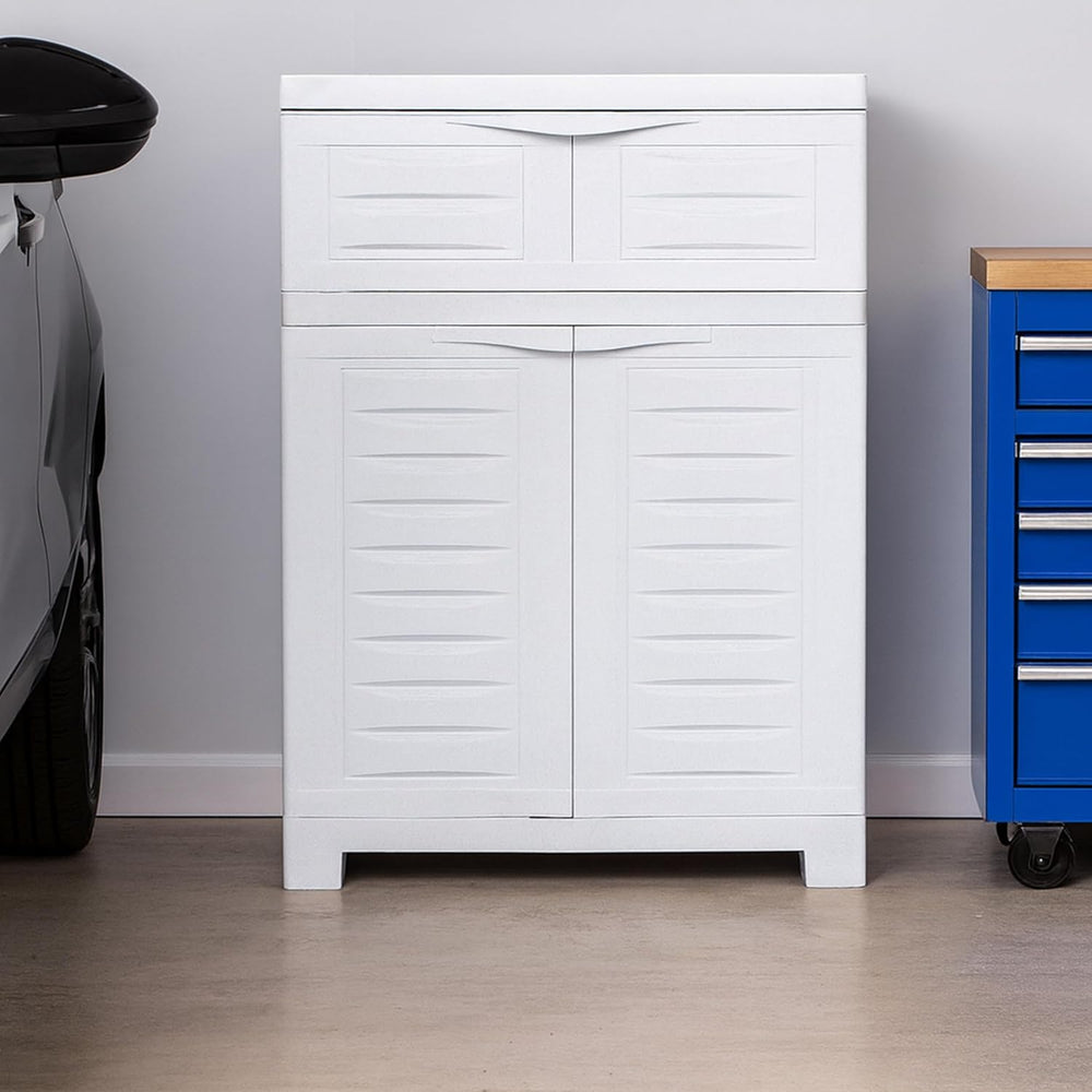 Sunnydaze 34.5" Garage Storage Cabinet with Adjusting Shelf, Speckled White