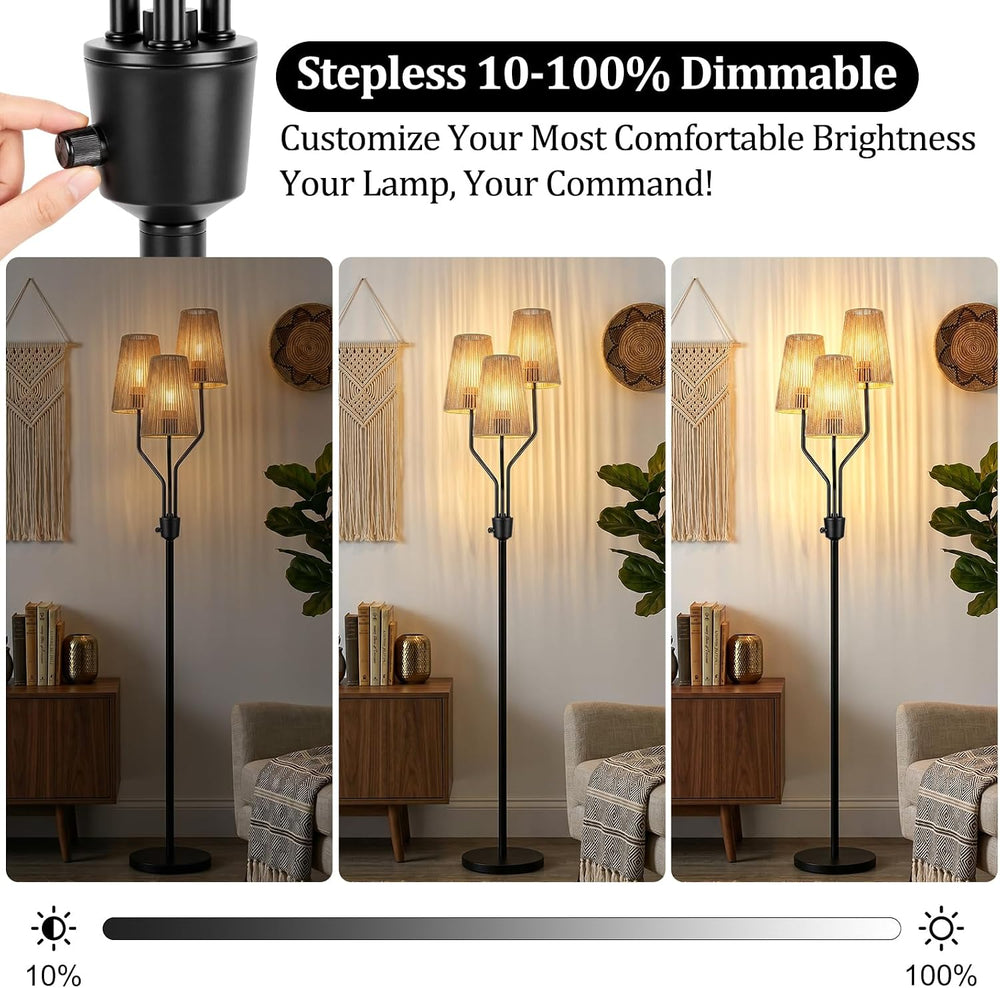 Bairth Boho Floor Lamp, Farmhouse Rattan 3-Light Floor Lamp for Living Room