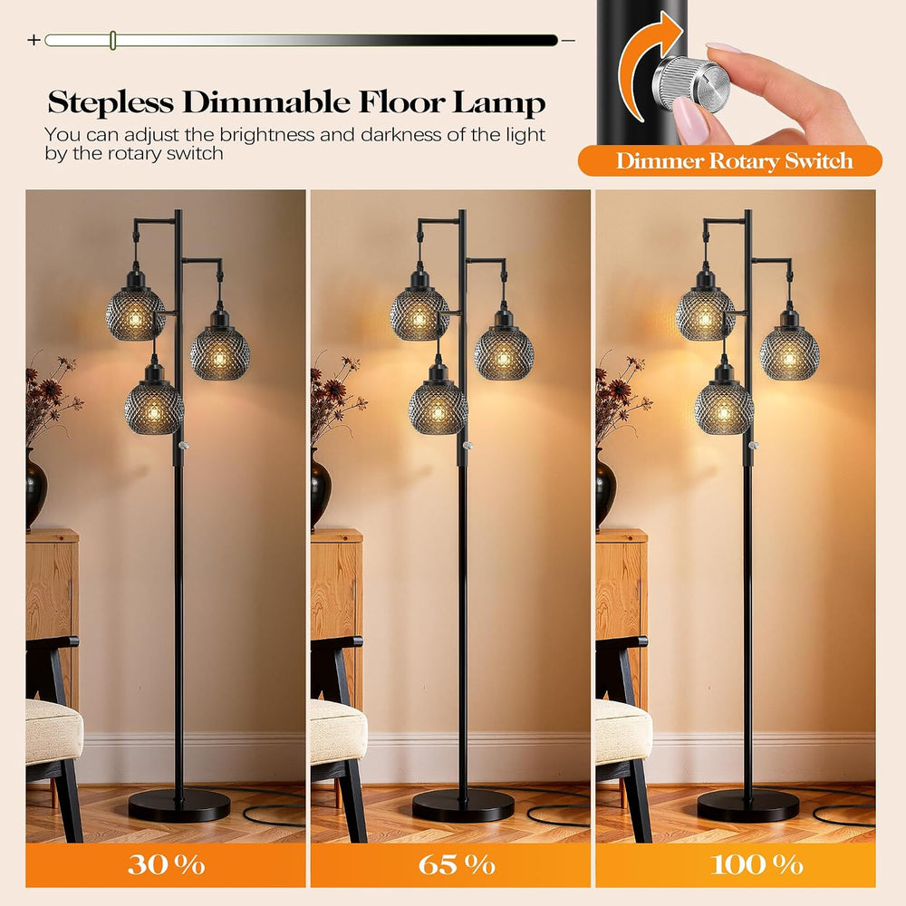 QiMH Modern Glass Floor Lamps for Living Room, 3 Lights Standing Lamp, Grey